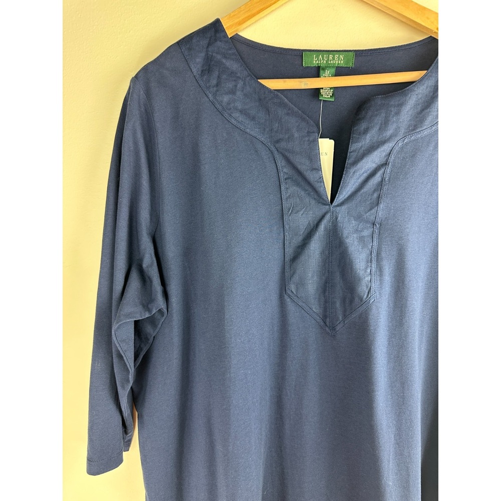 NEW Lauren Ralph Lauren Split Neck 3/4 Sleeve Cotton Top Navy Plus Size 2X - Picture 3 of 10